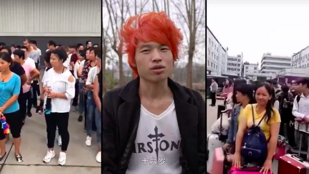 Three screenshots from the documentary, showing workers in recruiting centers and a young man with orange hair
